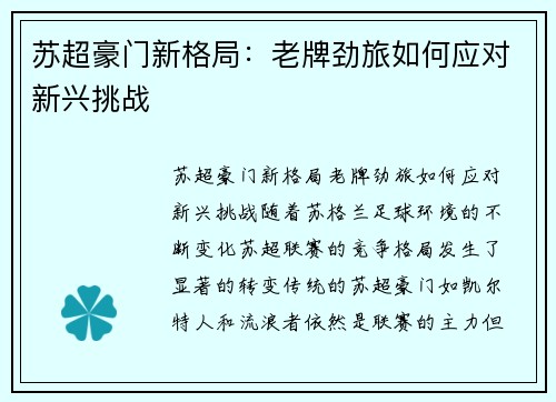 苏超豪门新格局：老牌劲旅如何应对新兴挑战